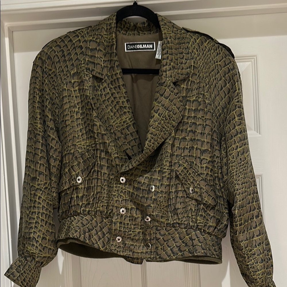 Diane Gilman Crocodile Patterned Jacket - Olive Green size M 100% silk